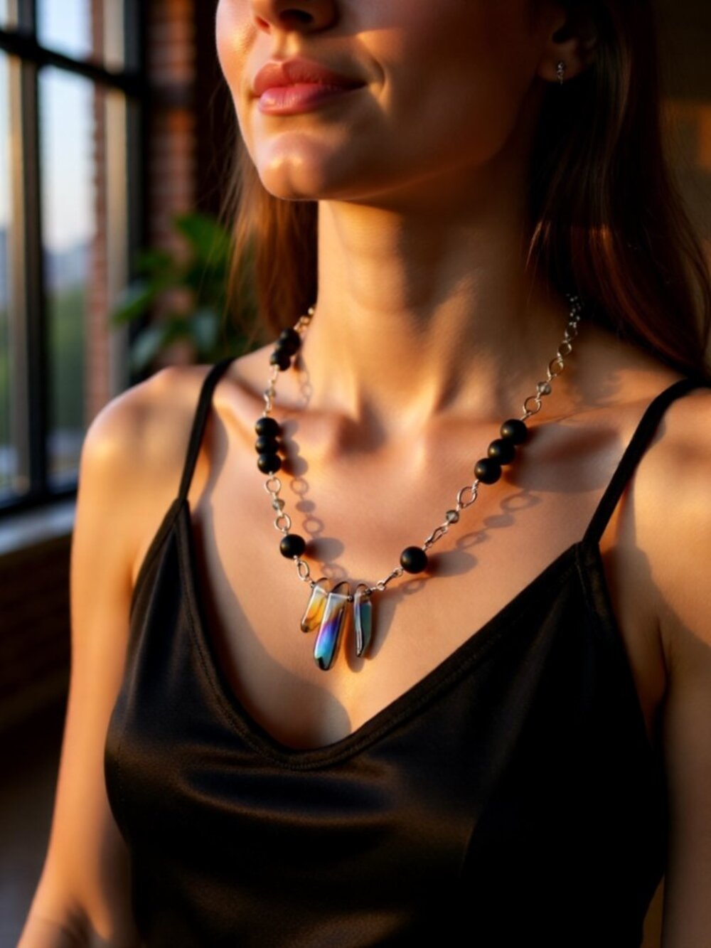 Handmade! Electroplated Quartz + Black Stone Beads - Adjust. Necklace app. 22" - Picture 8 of 12